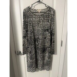 NWOT Michael Kors Long Sleeve Scoop Neck Black Geo Pattern Sheath Dress 1X